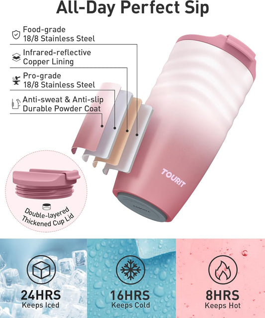 TOURIT 16 oz Travel Coffee Mug, Vacuum Insulated Stainless Steel Tumbler with Ripple-Wave Anti-Slip Grip, Built-in Silicone Bottom for Quiet & Stable, Leak-Proof Lid, Fits Car Cup Holder, Khaki