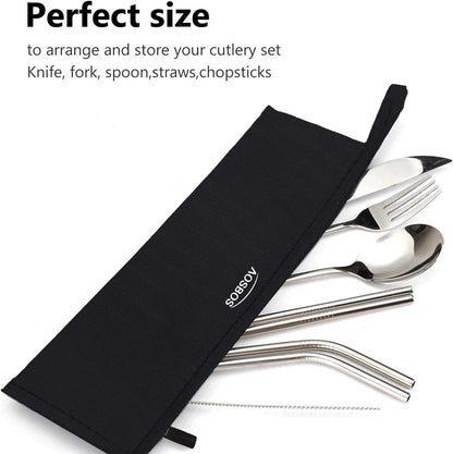 Aosbos Reusable Stainless Steel Straw Case - Metal Pouch with Silicone Straws - Travel Utensil Sets Pouch, Black