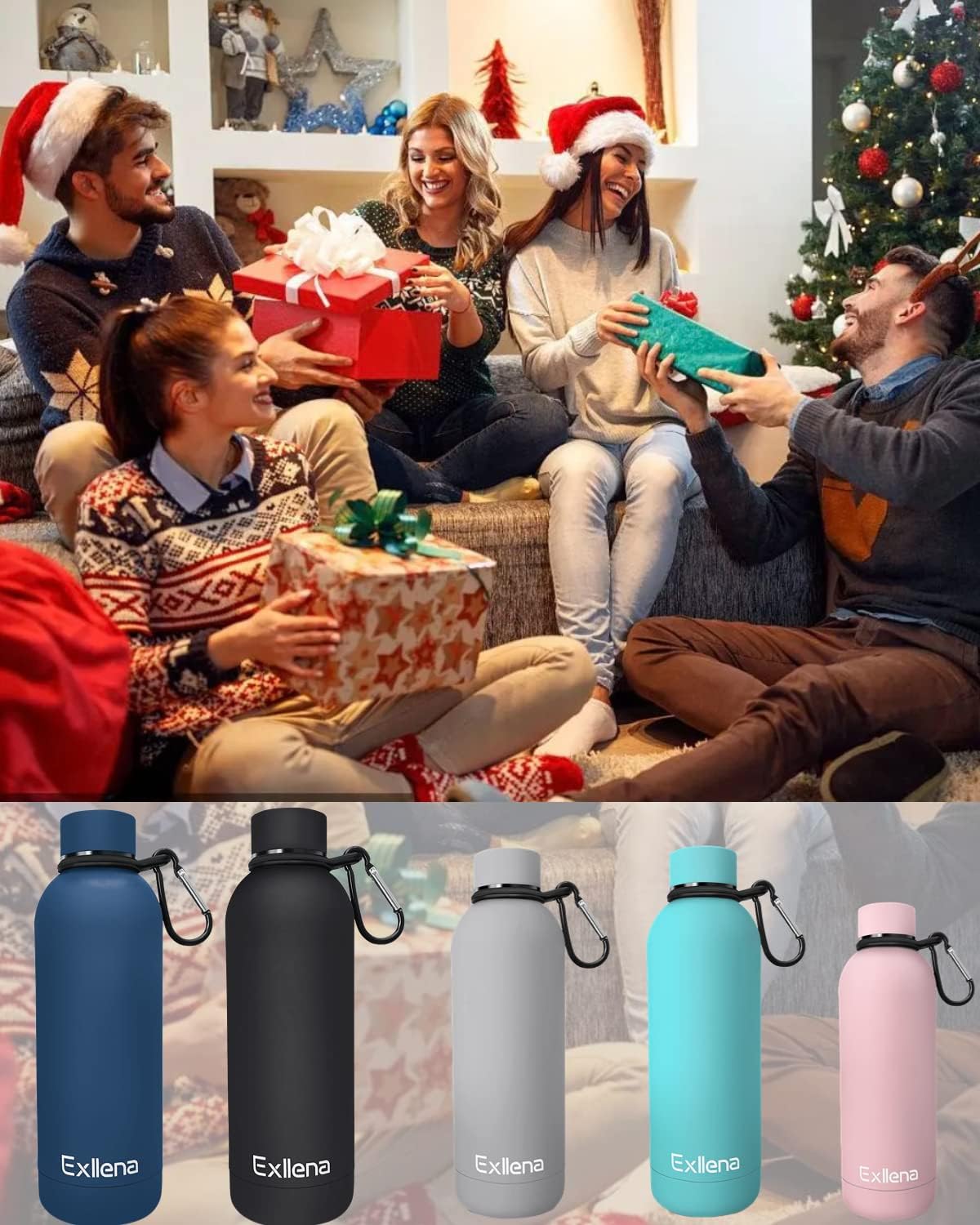 Exllena Slim Insulated Water Bottles for Travel 18oz with Clip, Double Wall Vacuum Stainless Steel Water Bottle Keeps Drinks Cold 24 Hrs/Hot 12 Hrs, 100% Leakproof, BPA Free(Black)