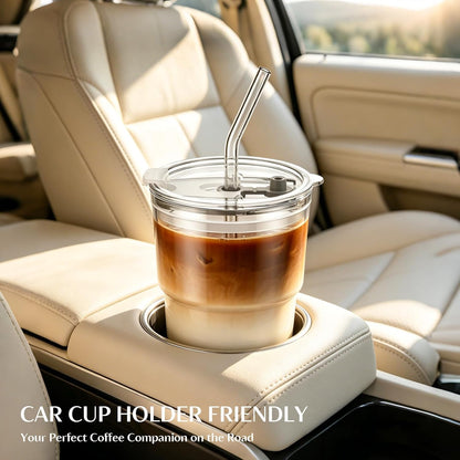 INSETLAN 13oz Portable Glass Tumblers Set of 2, Thick Wall Glass Cups with Lid and Glass Straw, On-the-Go Coffee Cups for Iced Coffee, Tea, Milk, Hot & Cold Drinks, Travel & Daily Use