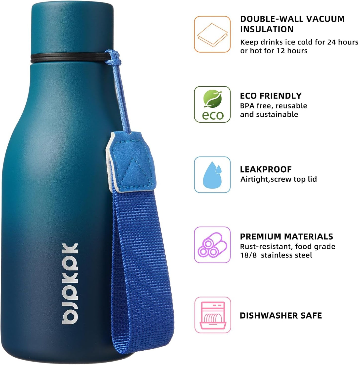 BJPKPK Insulated Water Bottles, 18 oz Stainless Steel Metal Water Bottle with Strap, BPA Free Leak Proof Jugs, Mugs, Flasks, Reusable Thermal Flasks for Sports & Travel, Black - Colors B
