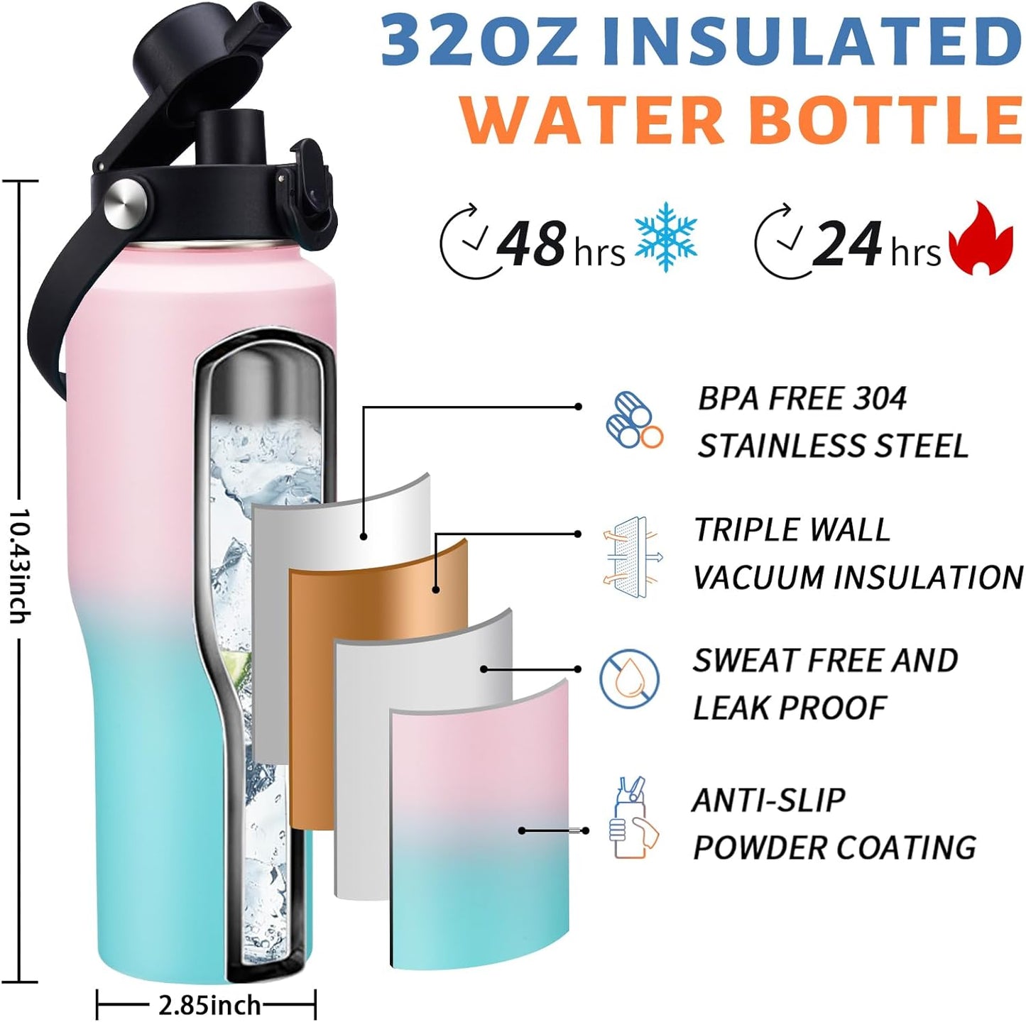 Insulated Water Bottle 40 oz - Fits in any Car Cup Holder, Keep Cold 48H Hot 24H, Stainless Steel Waterbottle Double Wall Flask with Straw, Pop-up Spout Lid, Paracord Handle, Carrier Bag
