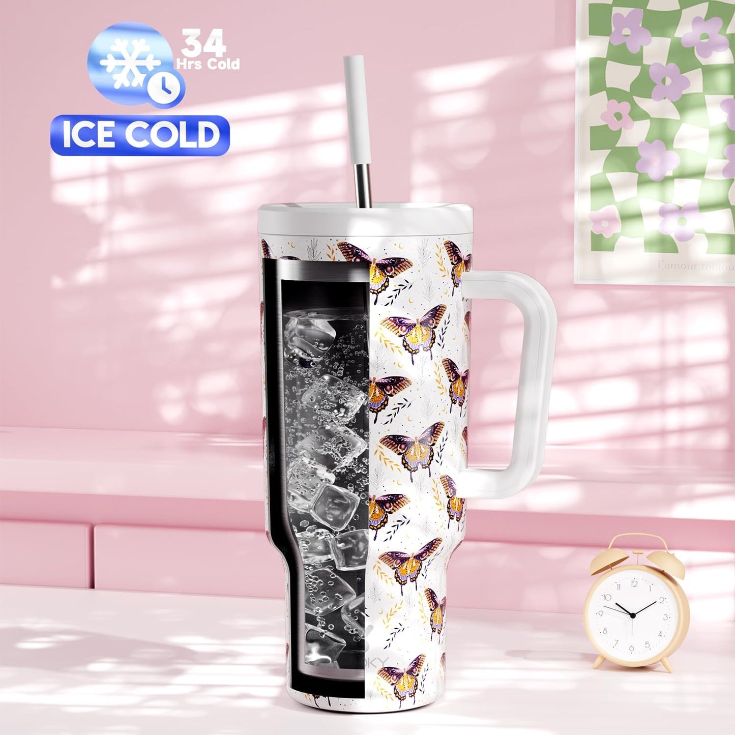 Meoky 40 oz Tumbler with Handle and Straw: Stainless Steel Insulated Tumbler with Lid and Straw - 100% Leak Proof Tumbler for Car Cup Holders - Travelers Commuters Workers, Donut