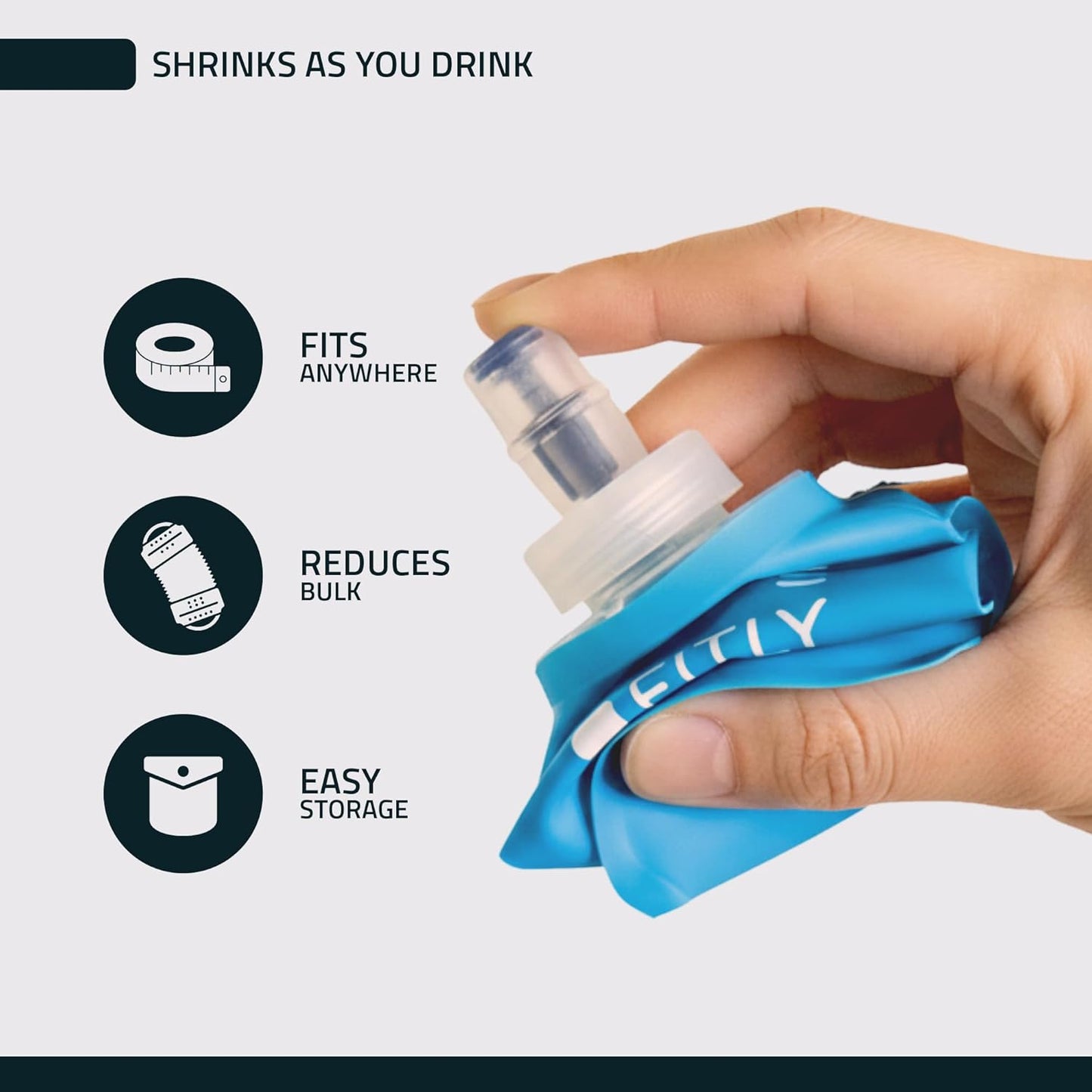 FITLY Soft Flask - Shrink As You Drink Soft Water Bottle for Hydration Pack - Folding Water Bottle Ideal for Running, Hiking, Cycling, Climbing & Rigorous Activity