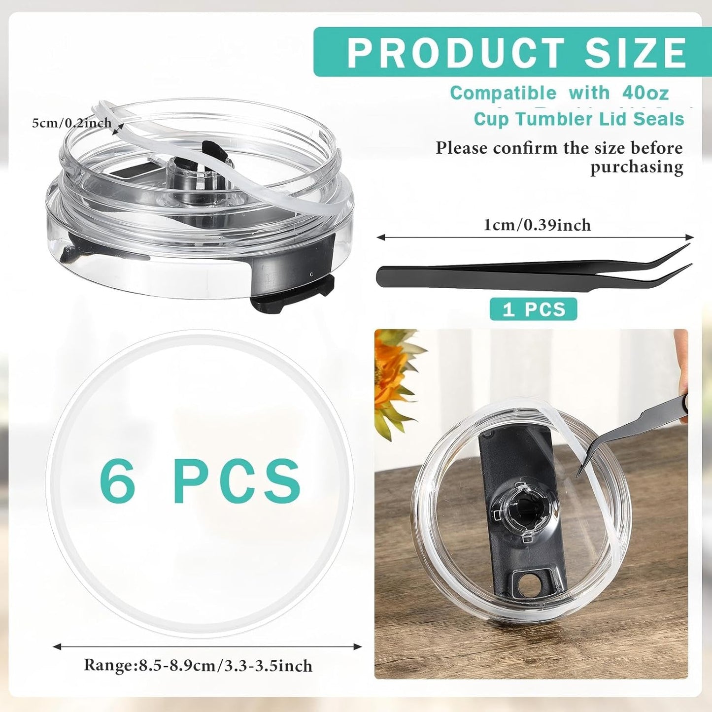 Vesici 6 Pcs 40 oz Tumbler Rubber Lid Seals, Replacement Water Bottle Gasket with Tweezers for Easy Removal, 3.35 Inch O-shaped Resealable Gaskets for 40 oz Tumblers, Glass Jars(Clear)