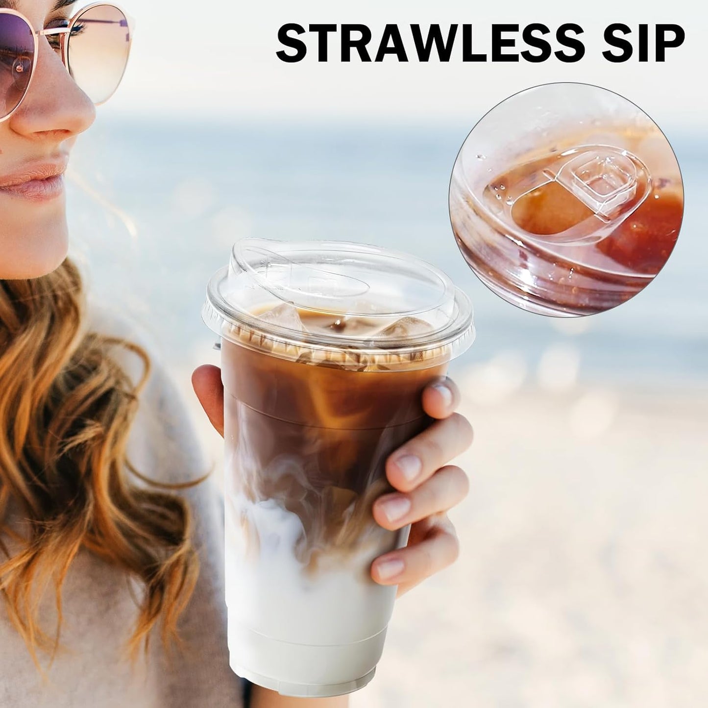 BYSNOW 100 Pack 16 oz Clear Plastic Cups with Lids, Disposable Iced Coffee Cups with Sip Lids, Sturdy Plastic Smoothie Cups for Cold Drinks