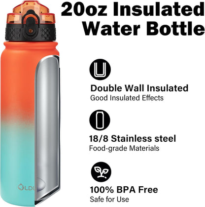 Oldley Insulated Water Bottle 20oz for Adults Kids Stainless Steel Water Bottles with Straw/Chug/Carabiner 3 Lids Fruit Strainer Double Wall Vacuum Wide Mouth BPA Free Leak-Proof for School Travel