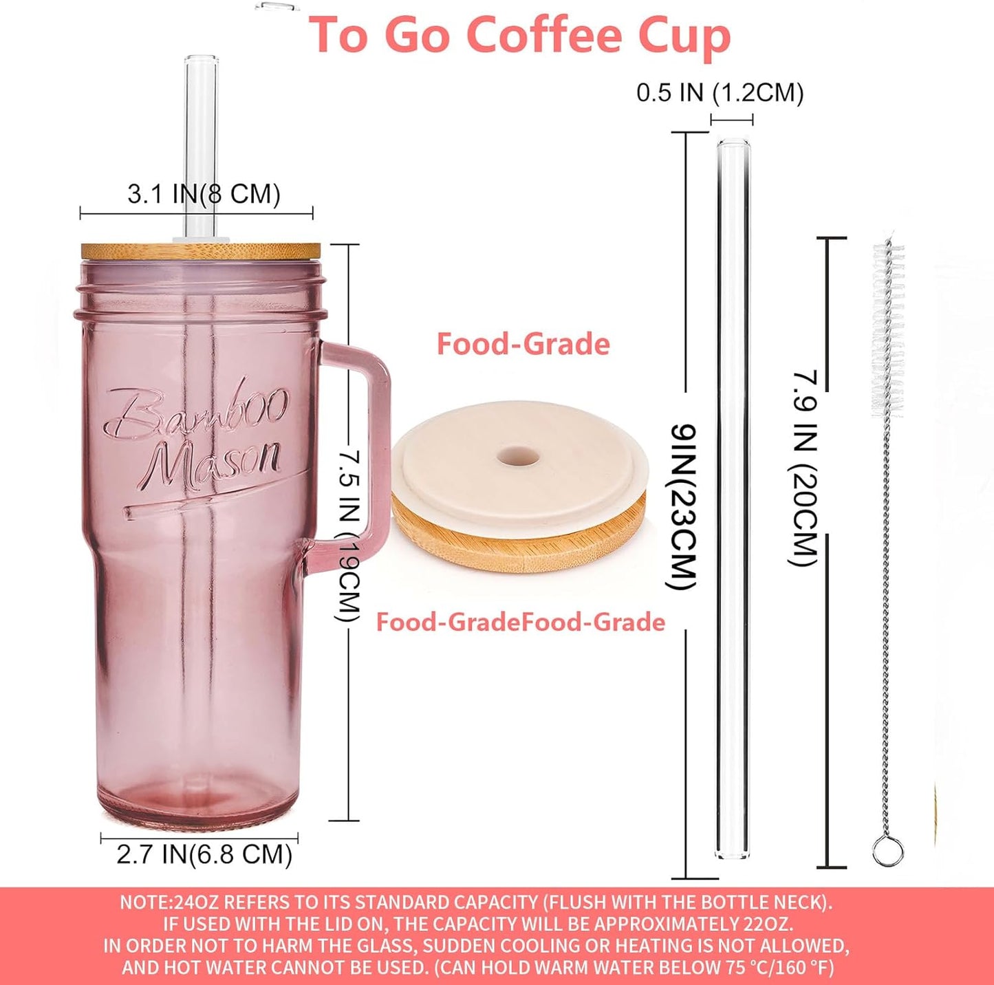 ANOTION Bamboo Mason Leakproof Mason Jar Cups with Lids and Straws, Cap Cup 24oz Glass Tumbler with Handle, Rotating Lid Silicone Straw, Reusable Iced Coffee Matcha Cup Coffee Gifts for Women 2pc