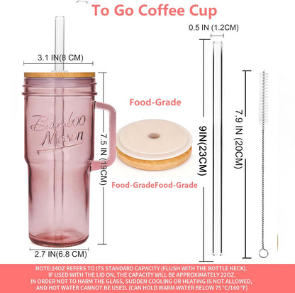 ANOTION Bamboo Mason Leakproof Mason Jar Cups with Lids and Straws, Cap Cup 24oz Glass Tumbler with Handle, Rotating Lid Silicone Straw, Reusable Iced Coffee Matcha Cup Coffee Gifts for Women 2pc