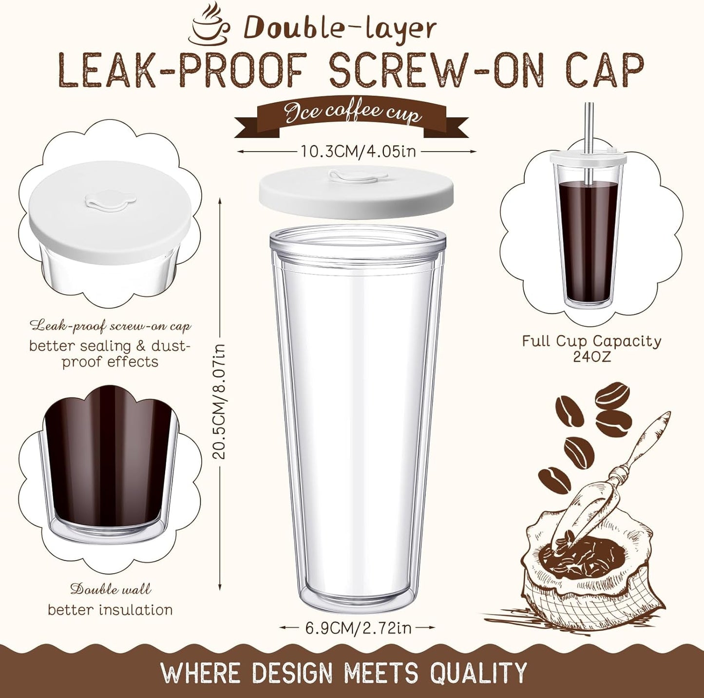 Honeydak 4 Pack 24 oz Reusable Iced Coffee Cups with Lids and Straws Leakproof Double Wall Insulated Clear Plastic Iced Coffee Tumblers with Straw Brushes