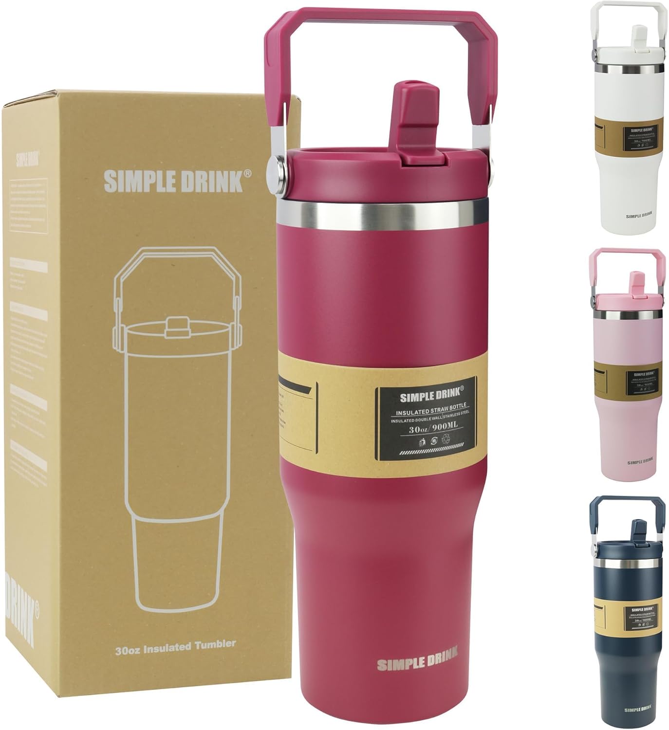 30oz Flip Straw Insulated Water Bottle with Handle, Leak Proof Stainless Steel Travel Tumbler With Lid, Double Wall Vacuum Iced Coffee Travel Mug, Sport Cup, Outside use
