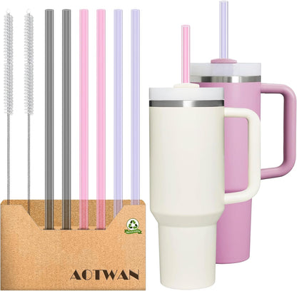 AOTWAN Glass Straws for Stanley 10 Pack 40/30 oz Tumbler,12inch Replacement Straw for Stanley 4 Straight and 4 Bent with 2 Brushesh,Reusable Glass Straws for Stanley Cup