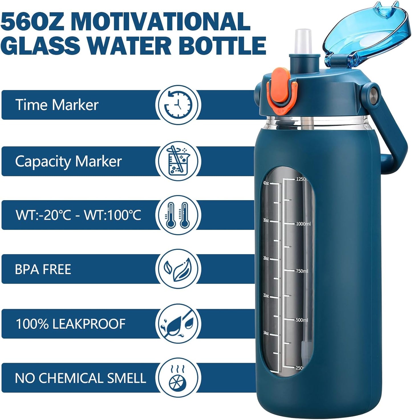 64oz Glass Water Bottles with Straw, Half Gallon Motivational Glass Bottle with Silicone Sleeve and Time Marker, 2L Leakproof Large Glass Water Jug for Gym Home Office,olive