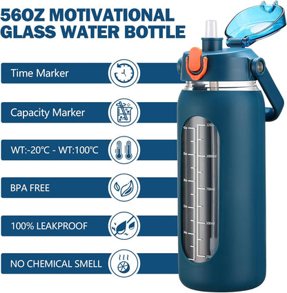 64oz Glass Water Bottles with Straw, Half Gallon Motivational Glass Bottle with Silicone Sleeve and Time Marker, 2L Leakproof Large Glass Water Jug for Gym Home Office,olive