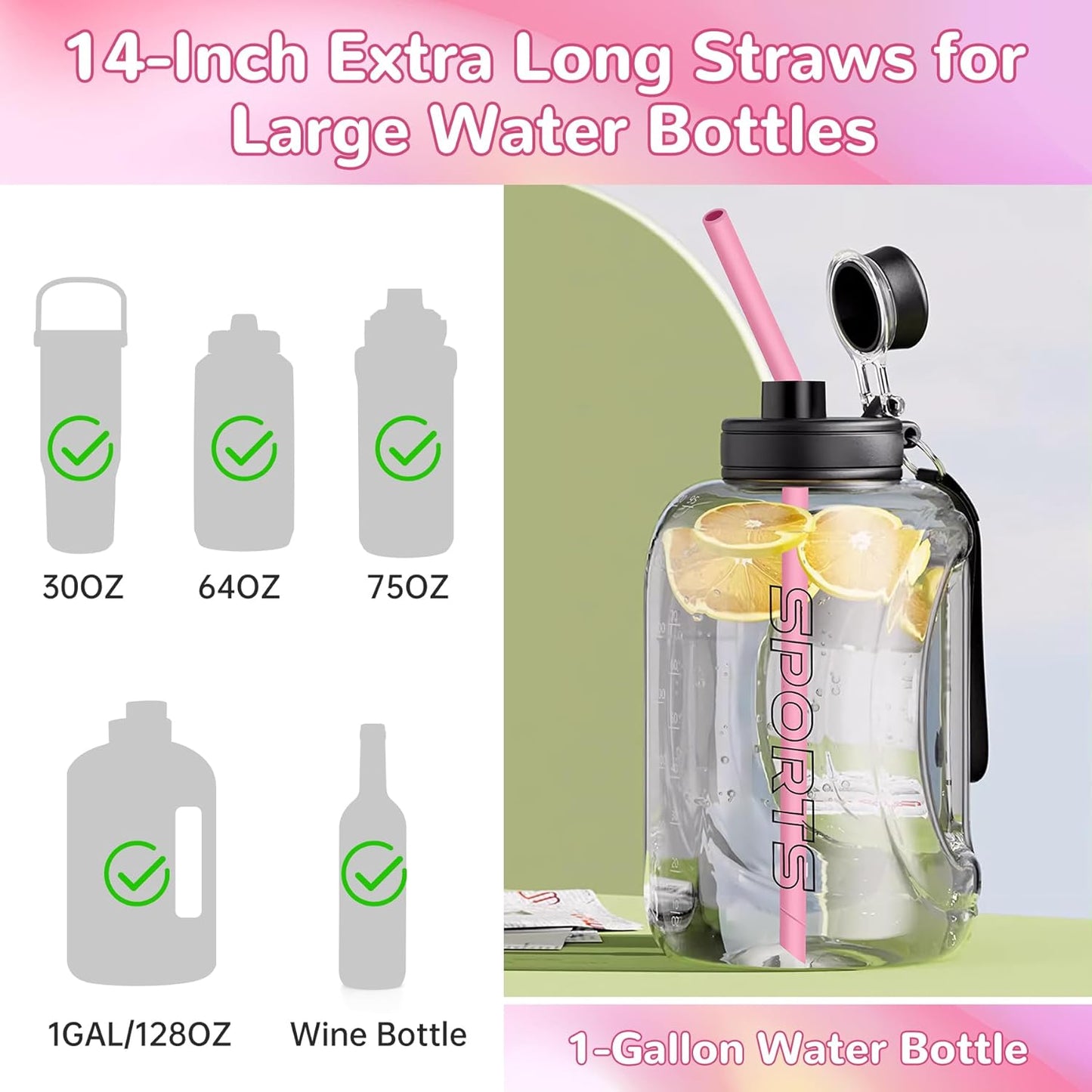 NiHome 14PCS Silicone Straws Fit for Stanley 40oz 30oz Tumbler, 14” Extra Long Reusable Drinking Straw, Flexible Can Cut Length for 1/Half Gallon 75 64 OZ Large Water Bottle - 2 Brushes (Rainbow)