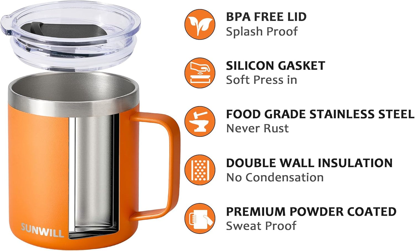 SUNWILL Travel Coffee Mug with Lid, Insulated Tumbler with Handle, 14 oz Stainless Steel Cup for Ice, Water, Tea, Rose Gold