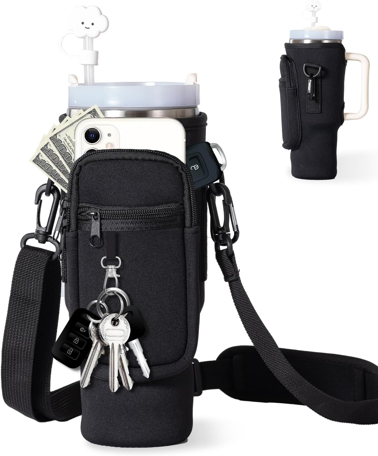 dabria Water Bottle Carrier Bag with Phone Pocket for Stanley 40/30 oz Tumbler Neoprene Water Bottle Holder Pouch with Adjustable Strap Bollus with Straw Cover for Stanley Cup Accessories