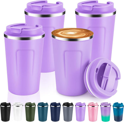 Volhoply 12 oz Double Wall Insulated Vacuum Travel Coffee Mugs with Flip Lid Bulk 2 Pack,Reusable Stainless Steel Leak Proof Coffee Cup,Portable Cafe Thermal Tumbler for Hot & Cold Drinks(Mix,2 Set)