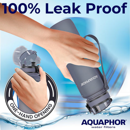 Nakii Filtered Water Bottle, Leakproof, BPA-Free, Motivational Markings, Travel, Everyday Use. 40-Gallon Filter, Replaces 300 Plastic Water Bottles. Includes 1 Filter, 22 FL Oz, Grey by Aquaphor