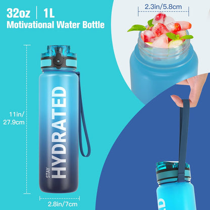 Sahara Sailor Water Bottle 32oz, Durable and Leakproof Water Bottles Motivational with Time Marker, Tritan, BPA Free, Wide Mouth with Easy Clean Brush for Gym, Travel, Home, School, Office (1 Bottle)