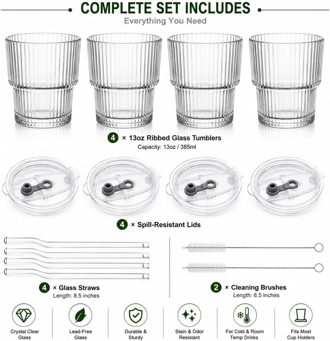 Ribbed Glass Tumbler with Lid and Straws, Resuable Ice Coffee Cups, To Go Iced Coffee Cups for Water, Smoothie, Matcha, Iced Tea Fruit Juice, Clear, 13oz, Set of 2