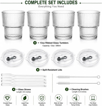 Ribbed Glass Tumbler with Lid and Straws, Resuable Ice Coffee Cups, To Go Iced Coffee Cups for Water, Smoothie, Matcha, Iced Tea Fruit Juice, Clear, 13oz, Set of 2