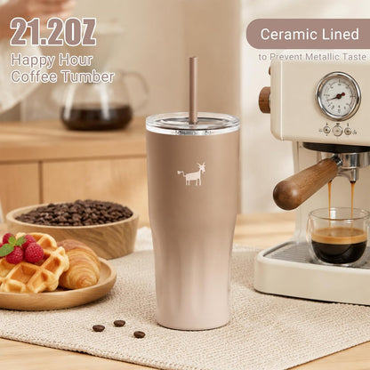 CHEERFUL GOAT Ceramic Lined Coffee Travel Tumbler - Stainless Steel Travel Mug with Ceramic Liner and Lid, 21 OZ Cup for Hot and Cold Beverages at Home or on the Go (Latte Ombre)