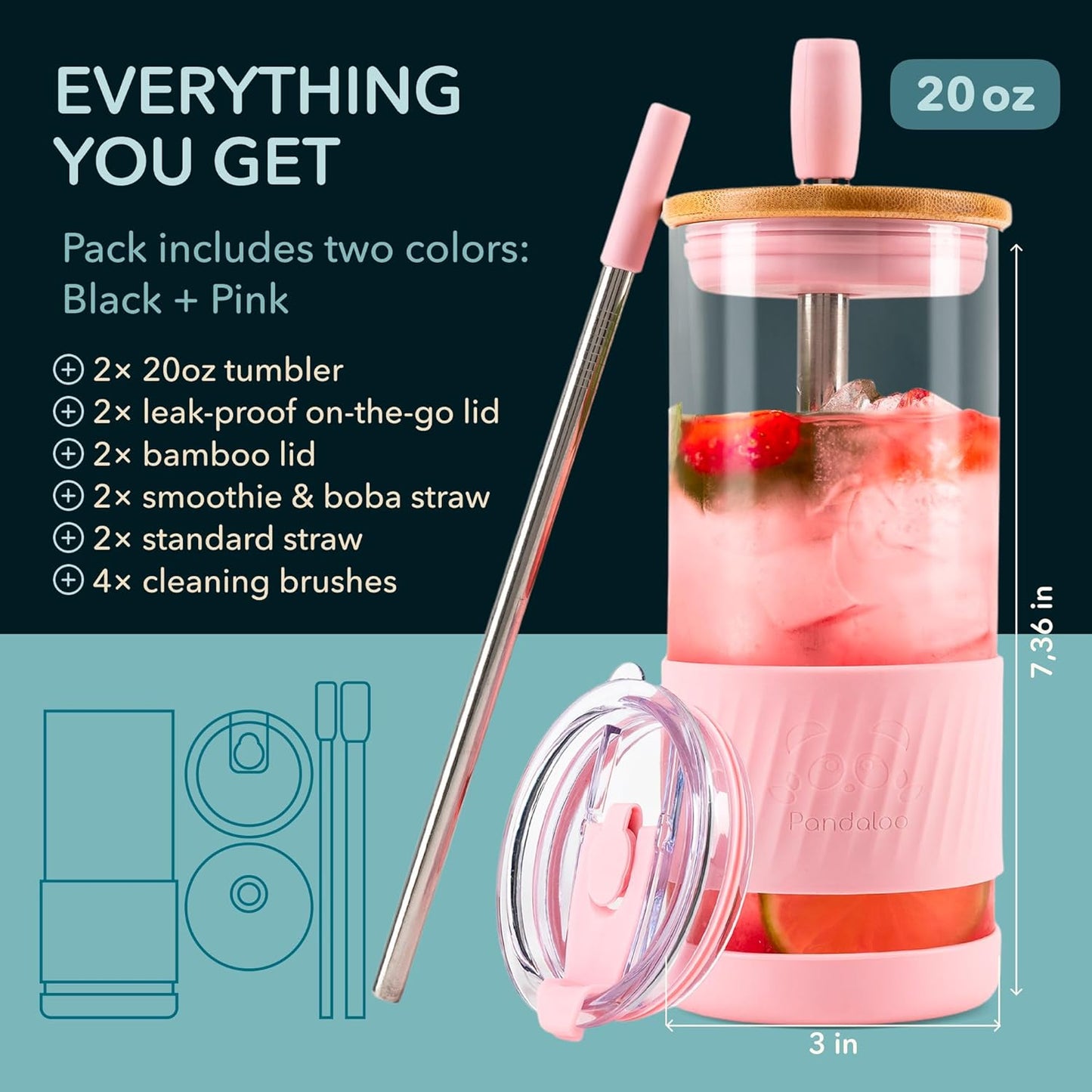 Pandaloo® Glass Cups With Lids and Straws -20 Fl Oz- Perfect Size Iced Coffee Cup - Smoothie Cup With Bamboo Lid and On the go Lid - Glass Tumbler With Straw (1 Count (Pack of 1), Lilac Rhapsody)