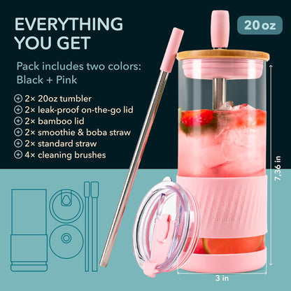 Pandaloo® Glass Cups With Lids and Straws -20 Fl Oz- Perfect Size Iced Coffee Cup - Smoothie Cup With Bamboo Lid and On the go Lid - Glass Tumbler With Straw (1 Count (Pack of 1), Lilac Rhapsody)