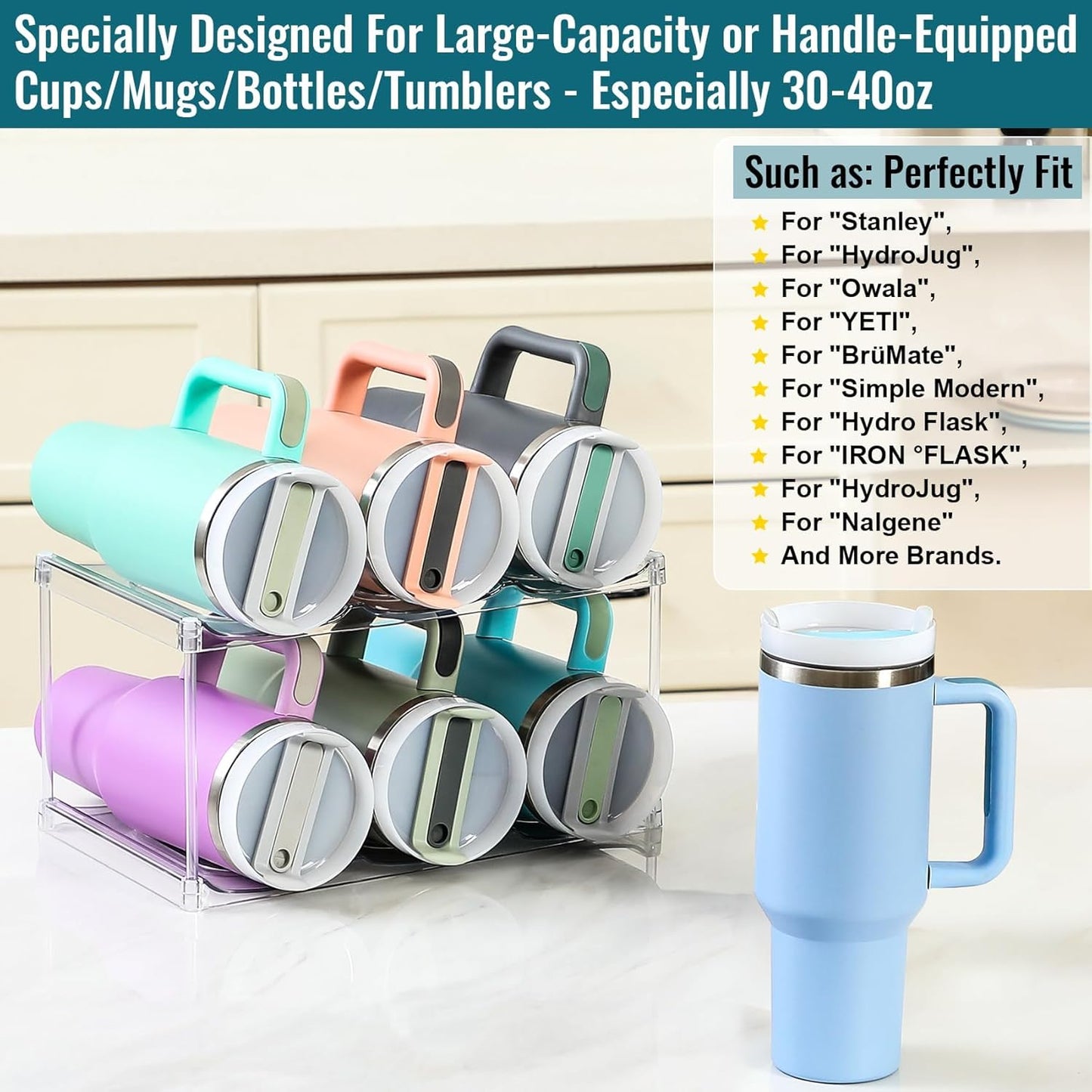 Design for Stanley 40 OZ & Large Bottles & Tumblers with Handle - Acrylic Water Bottle Organizer - Stackable Clear Wine Rack Cup Holder for Home Kitchen Pantry Shelf Countertop Cabinet, 4 Tier Hold 16