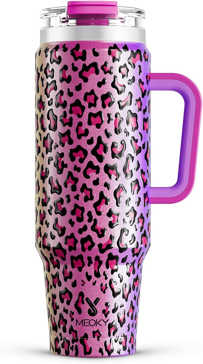 Meoky 32 oz Tumbler with Handle, Insulated Tumbler with Lid and Straw, Stainless Steel Travel Mug, Keeps Cold for 24 Hours, 100% Leak Proof, Fits in Car Cup Holder (Night)