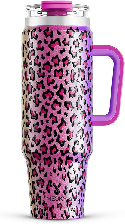 Meoky 32 oz Tumbler with Handle, Insulated Tumbler with Lid and Straw, Stainless Steel Travel Mug, Keeps Cold for 24 Hours, 100% Leak Proof, Fits in Car Cup Holder (Night)