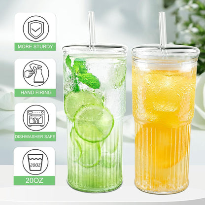Luiaiog 20 oz Glass Cups with Lids and Straws – Single Reusable Tumbler, Thickened Shatter-Resistant Glass, Ideal for Iced Coffee, Smoothies, Cocktails, Juices – Elegant & Durable Drinkware