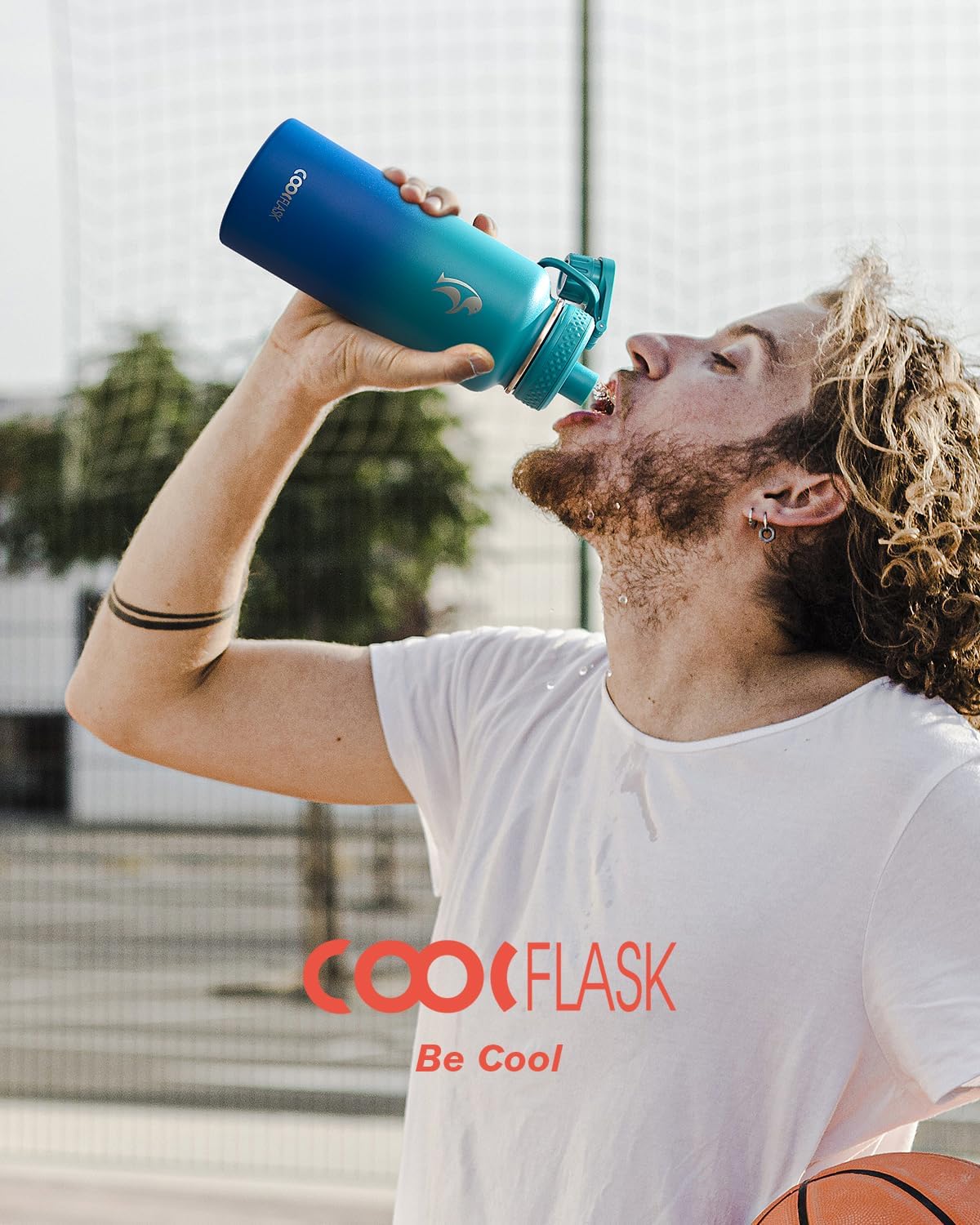 Half Gallon Water Bottle Insulated with Straw & 3 Lids, Coolflask 64 oz Water Jug Large Metal Stainless Steel Wide Mouth for Sports, Gym or Office, Non-BPA Keep Cold 48H Hot 24H, Samurai Cyan