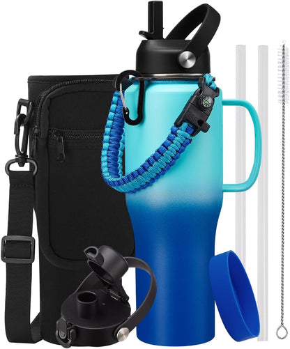 Insulated Water Bottle 40 oz - Fits in any Car Cup Holder, Keep Cold 48H Hot 24H, Stainless Steel Waterbottle Double Wall Flask with Straw, Pop-up Spout Lid, Paracord Handle, Carrier Bag