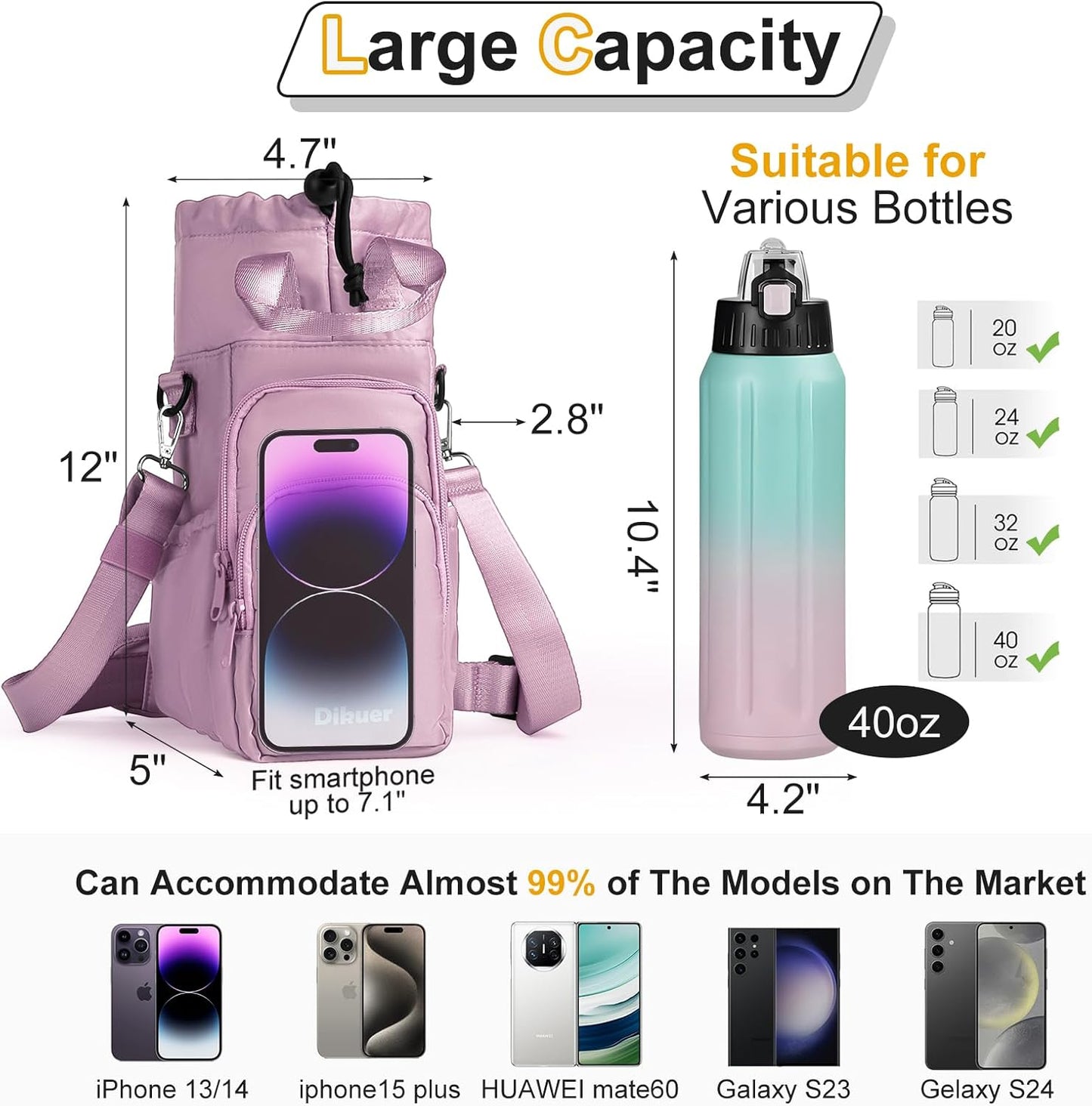 Water Bottle Holder with Strap, 4 Big Pockets with Compartment, 24oz/32oz/40oz Crossbody Water Bottle Carrier Bag