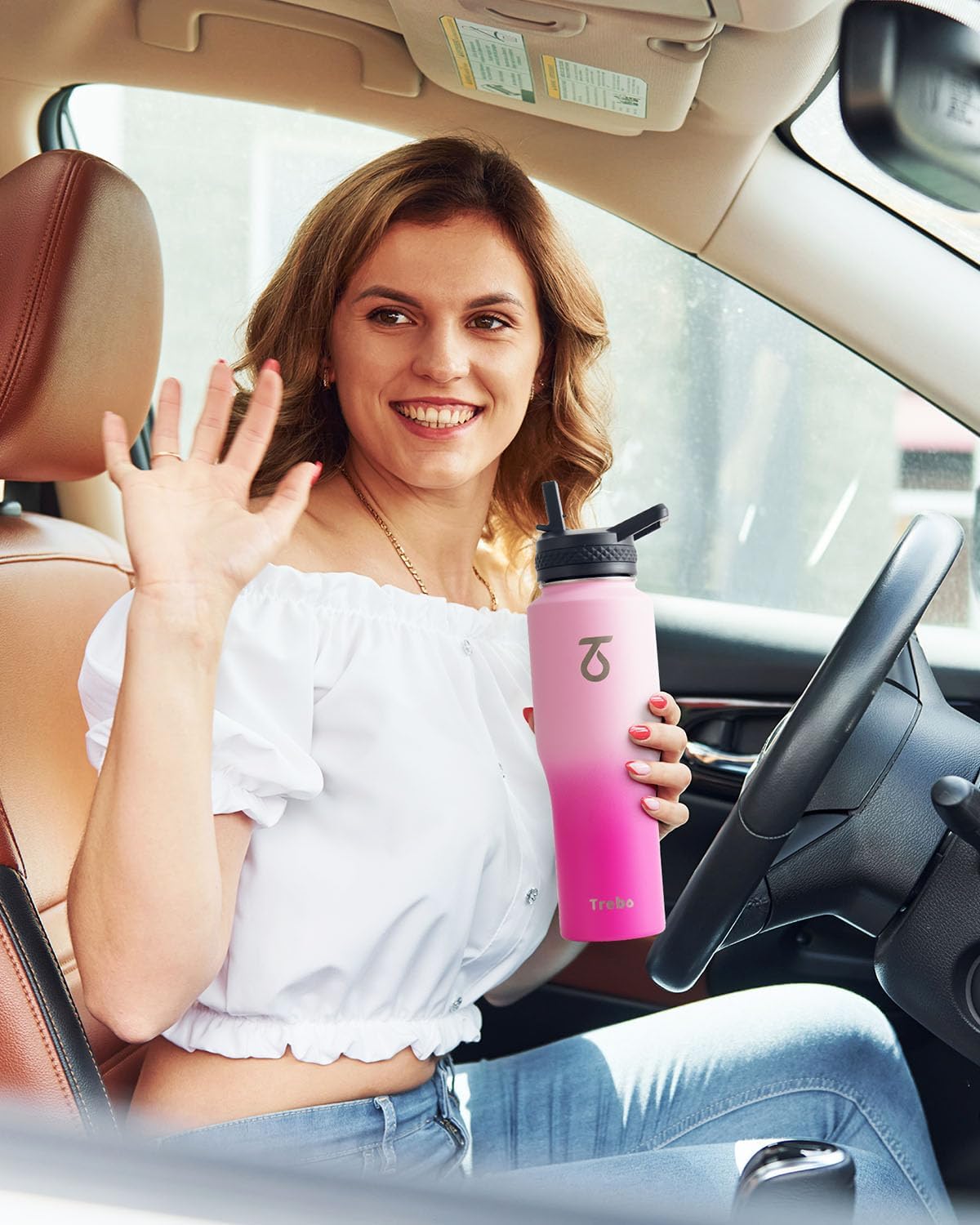 Trebo 40 oz Water Bottle Insulated Fit Car Cup Holder with Handle, Stainless Steel Water Bottles Tumbler with Spout Straw Lids, Double Wall Travel Reusable Flask, Leakproof Mug,Keep Cold &Hot,Black
