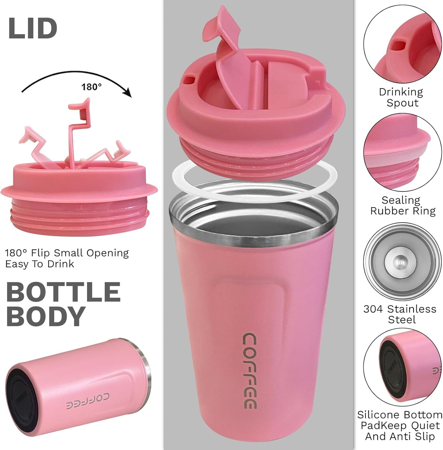 YINBAOGE Insulated Travel Coffee Mug, Spill & Leak Proof, Portable To Go Camping Stainless Steel Coffee Tumbler, Reusable Thermal Coffee Cup with Lid for Hot & Cold Drinks (Black, 12 OZ)