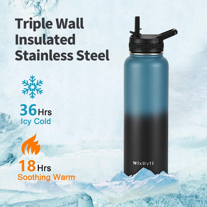 WixByti 40 oz Insulated Water Bottle with Straw (Cold for 36 Hrs), Stainless Steel Triple Wall Vacuum Sports Water Jug, Leakproof Hydro Cup Flask with Paracord Handle & Straw Spout Lids & DIY Stickers