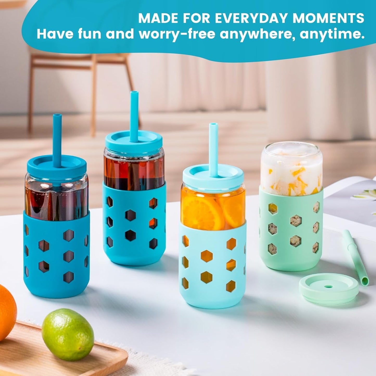 Mrsdry Glass Cups with Lids and Straws (4 Pcs), 16oz Drinking Glasses Set with Silicone Sleeves for Coffee Bar Accessories Iced Coffee Cups with Lids, Glass Tumbler Reusable for Gifts