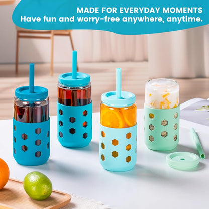 Mrsdry Glass Cups with Lids and Straws (4 Pcs), 16oz Drinking Glasses Set with Silicone Sleeves for Coffee Bar Accessories Iced Coffee Cups with Lids, Glass Tumbler Reusable for Gifts