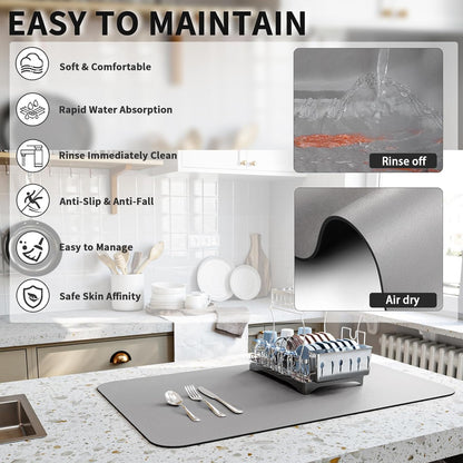 HotLive Dish Drying Mat for Kitchen Counter, Heat Resistant Drainer Mats with Non-slip Rubber Backed, Hide Stain Kitchen Super Absorbent Draining Mat, Easy to Clean Dish Rack Pad, Dark Grey 16"x18"