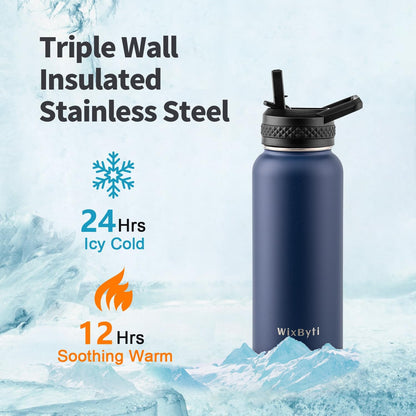 WixByti 40 oz Insulated Water Bottle with Straw (Cold for 36 Hrs), Stainless Steel Triple Wall Vacuum Sports Water Jug, Leakproof Hydro Cup Flask with Paracord Handle & Straw Spout Lids & DIY Stickers