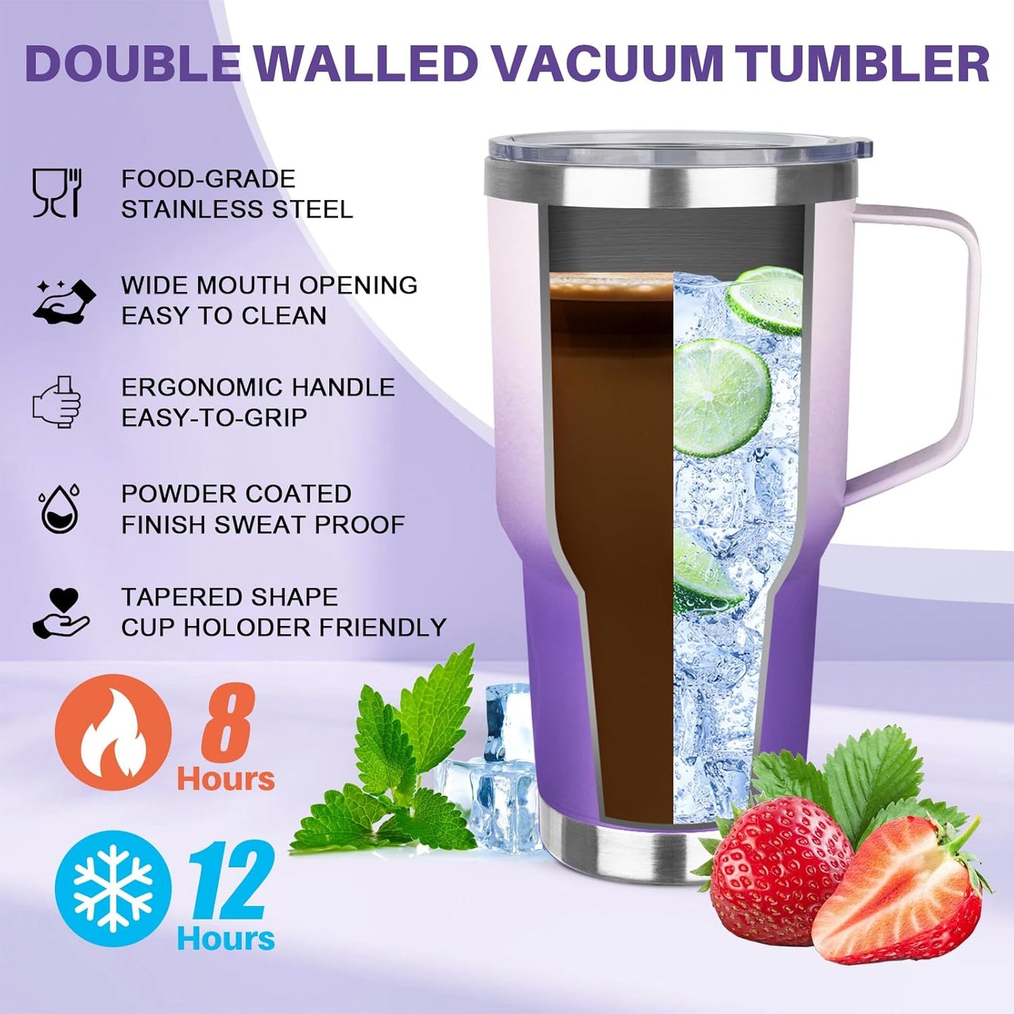 40 oz Tumbler with Handle, Insulated Tumbler with Lid and Straw, Reusable Stainless Steel Vacuum Insulated Cup, 100% Leak Proof Thermal Travel Coffee Mug Cup for Cold and Hot (Light Purple)