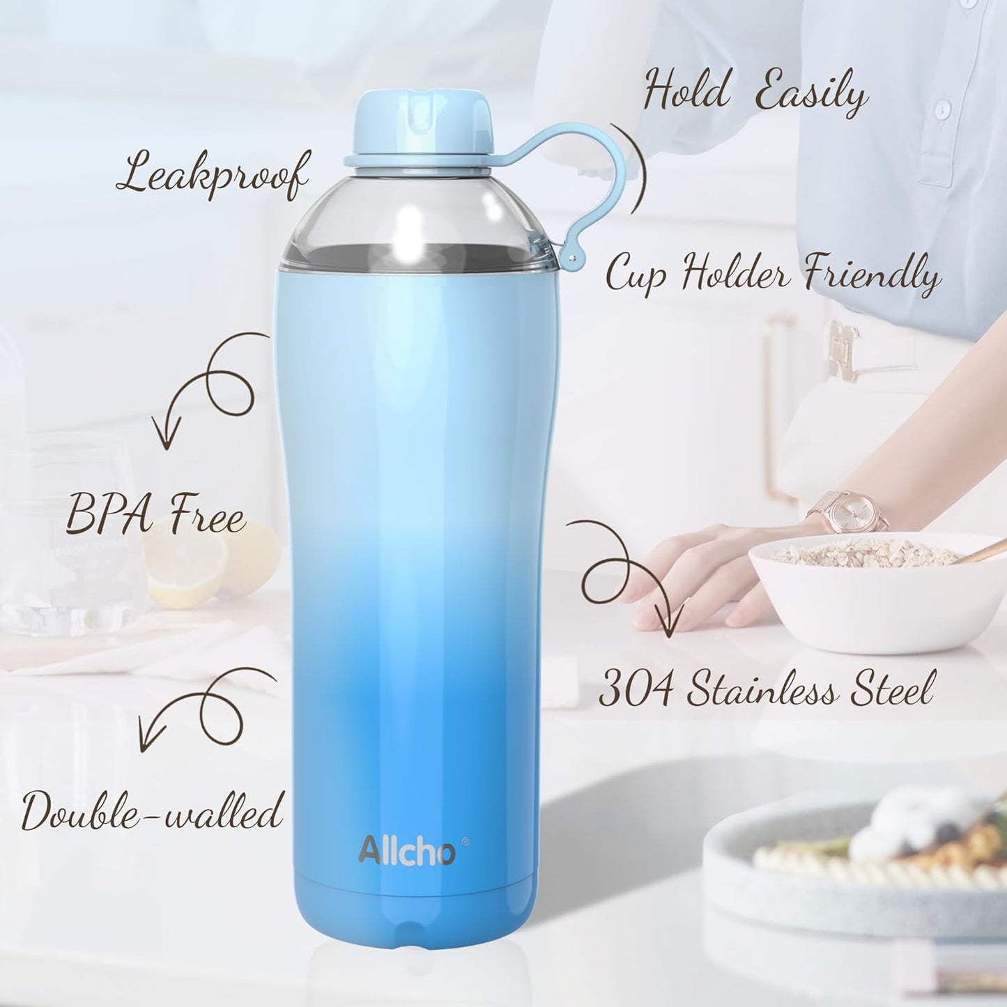Allcho Insulated Water Bottle for Women, 18oz Stainless Steel Leak Proof Tumbler with 2 Lids, BPA-Free Tritan Chug & Straw Lid, Double Wall Vacuum Flask