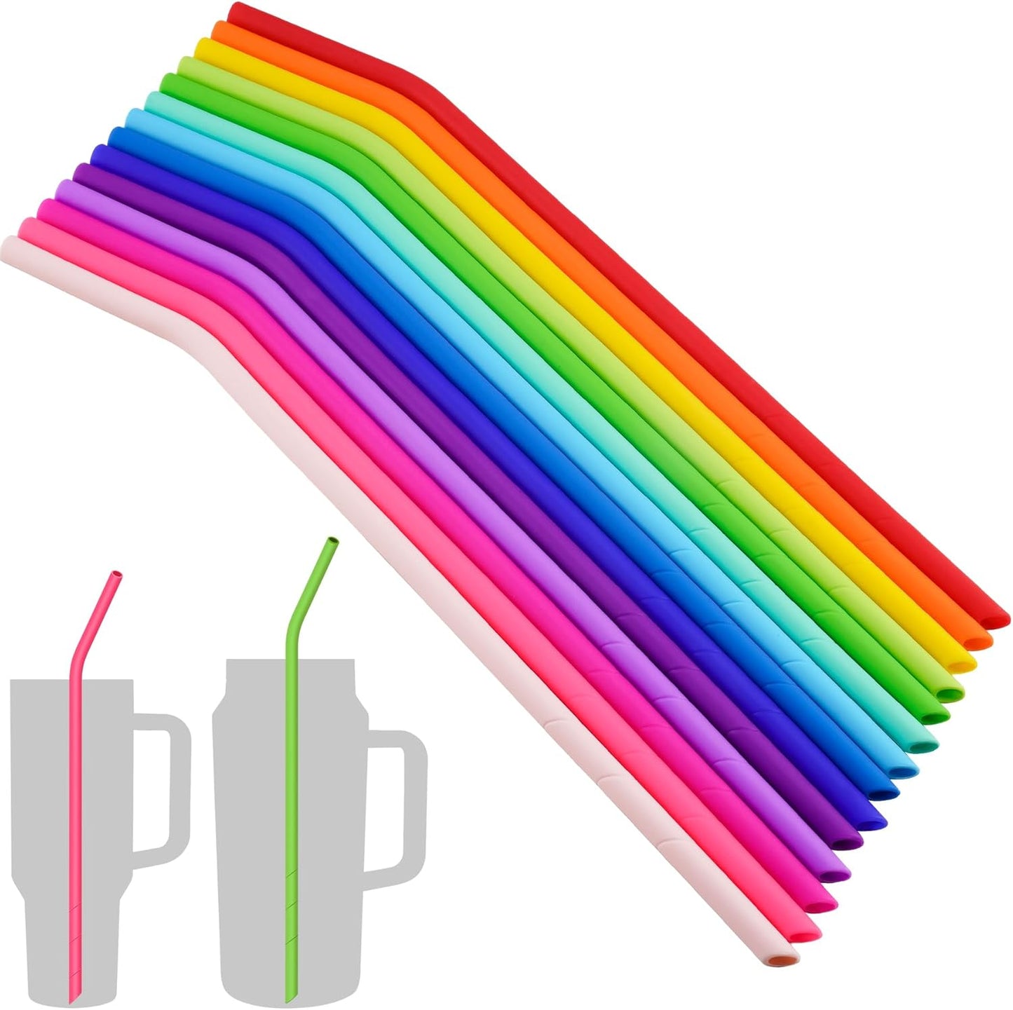 NiHome 14PCS Silicone Straws Fit for Stanley 40oz 30oz Tumbler, 14” Extra Long Reusable Drinking Straw, Flexible Can Cut Length for 1/Half Gallon 75 64 OZ Large Water Bottle - 2 Brushes (Rainbow)