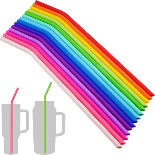 NiHome 14PCS Silicone Straws Fit for Stanley 40oz 30oz Tumbler, 14” Extra Long Reusable Drinking Straw, Flexible Can Cut Length for 1/Half Gallon 75 64 OZ Large Water Bottle - 2 Brushes (Rainbow)