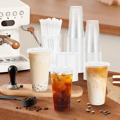 Lamosi 100 Pack 20 oz Clear Plastic Cups with Lids and Straws, Disposable Iced Coffee Cups with Lids for To-Go Cold Drinks, Smoothies and Slushie