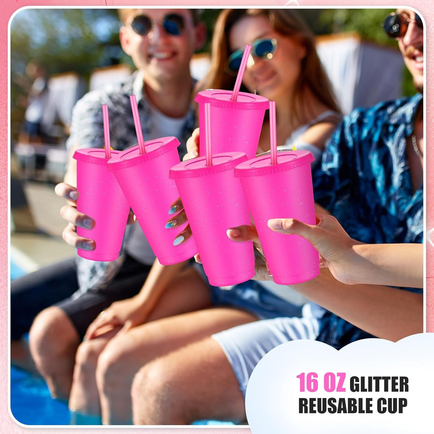 Uiifan 6 Pcs 24 oz Reusable Tumbler with Lids and Straws Plastic Iced Coffee Tumbler Glitter Travel Mug Cup for Smoothie Juices Birthday Party Cold Drink Coffee Cup Bulk for Adult Kid Women (Clear)