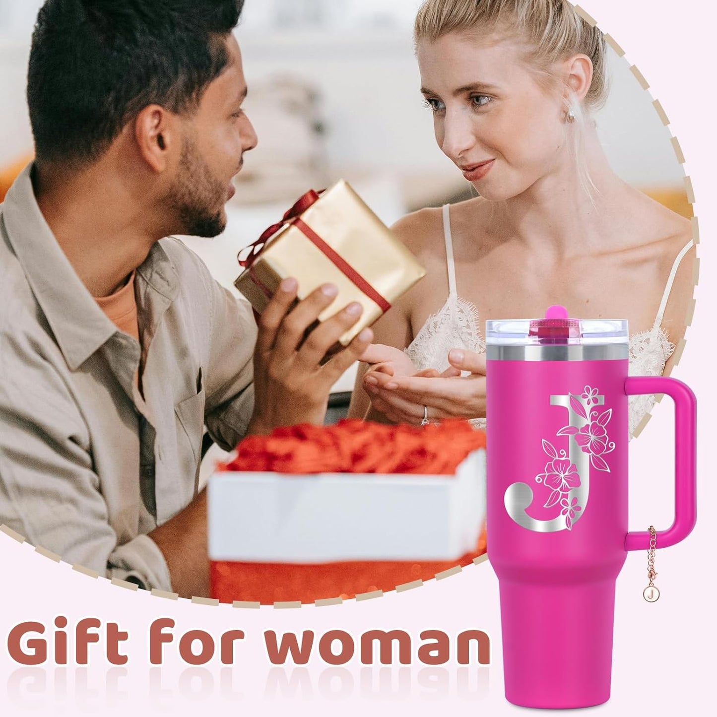 Personalized 40 oz Monogrammed Tumbler with Handle and Flip Straw Lid, 100% Leak Proof stainless steel Insulated Tumbler, Customized Initial Funny Gifts for Women Mom Sisters Coworker, A